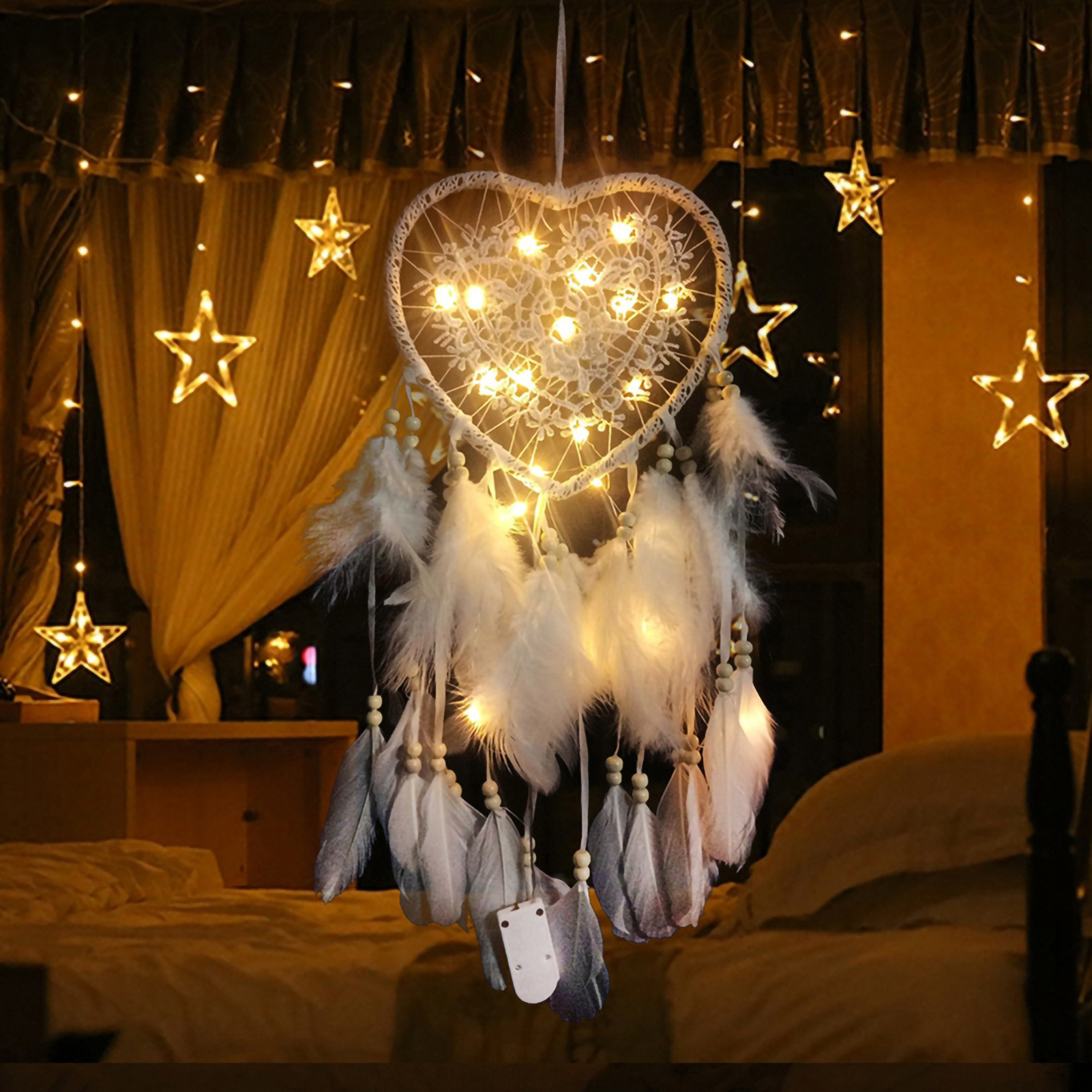 Heart Shape Feather Pendant LED String Light Dream Catcher Home Hanging Decor
